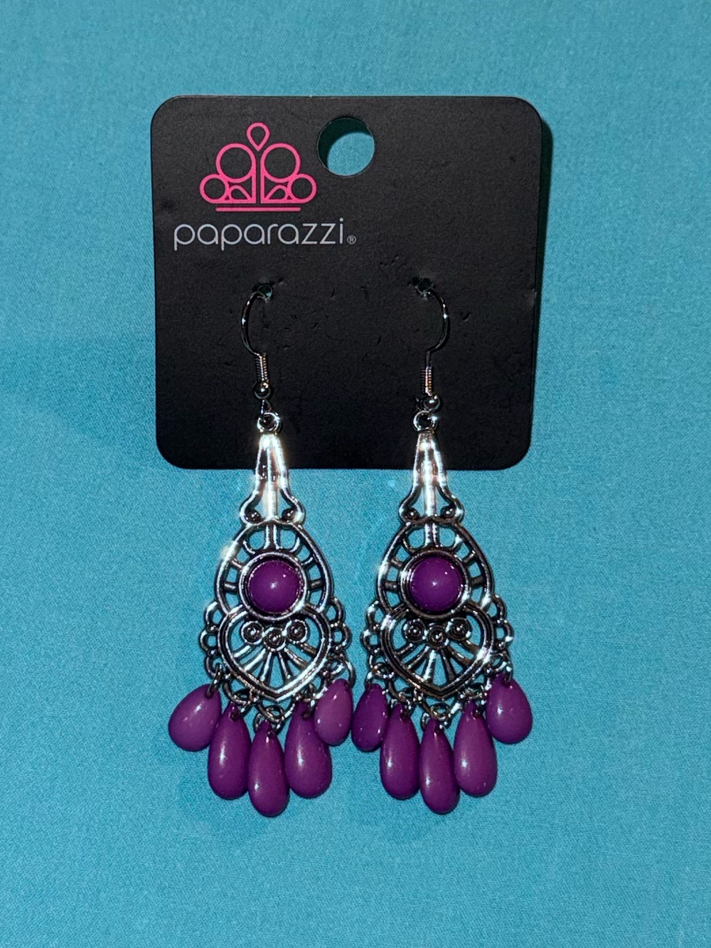 Paparazzi Silver and Purple Teardrop Chandelier Earrings